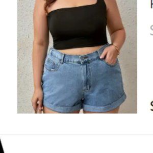 Plus Size Casual Denim Shorts, Women's Plus Solid Button Fly Rolled Trim Denim S